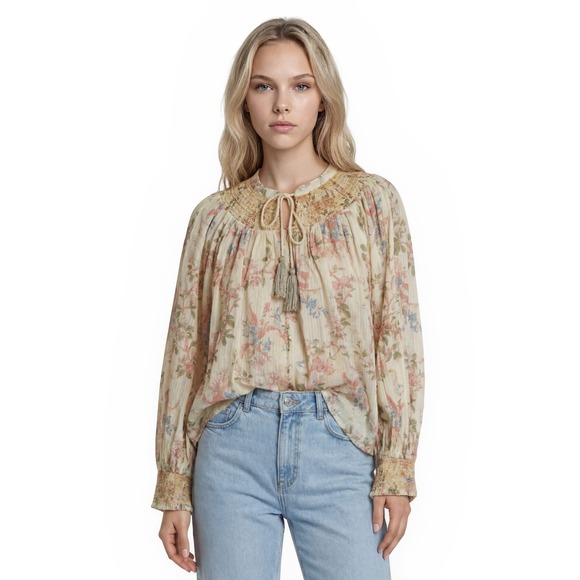 Anthropologie Tops - Anthropologie Blouse Women's Size Large Floral Smocked Lurex Peasant Top